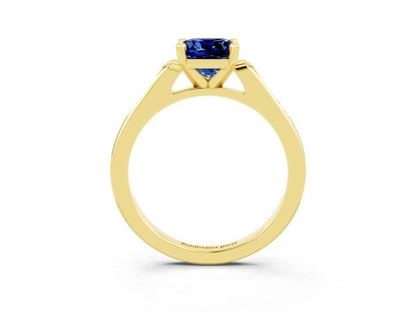Yellow gold Cushion Cut Blue Sapphire Solitaire Ring with Channel Set Round  Band and Prong Setting