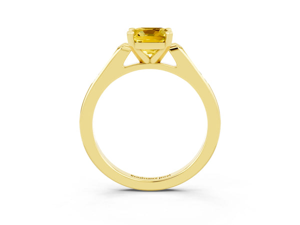 Yellow gold Cushion Cut Yellow Sapphire Solitaire Ring with Channel Set Round  Band and Prong Setting