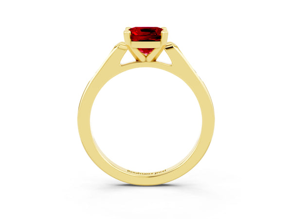 Yellow gold Cushion Cut Ruby Solitaire Ring with Channel Set Round  Band and Prong Setting