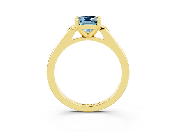 Yellow gold Cushion Cut Aquamarine Solitaire Ring with Channel Set Round  Band and Prong Setting