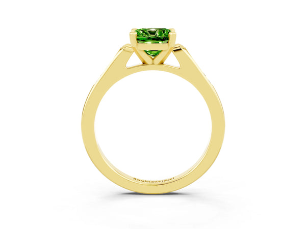 Yellow gold Cushion Cut Peridot Solitaire Ring with Channel Set Round  Band and Prong Setting