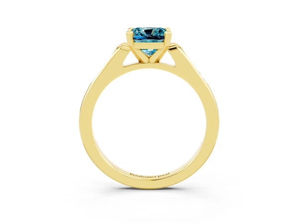 Yellow gold Cushion Cut Blue Topaz Solitaire Ring with Channel Set Round  Band and Prong Setting