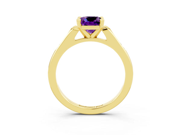 Yellow gold Cushion Cut Amethyst Solitaire Ring with Channel Set Round  Band and Prong Setting