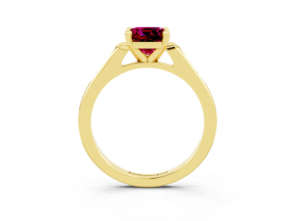 Yellow gold Cushion Cut Garnet Solitaire Ring with Channel Set Round  Band and Prong Setting