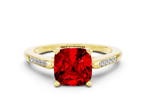 Yellow gold Cushion Cut Ruby Solitaire Ring with Channel Set Round  Band and Prong Setting