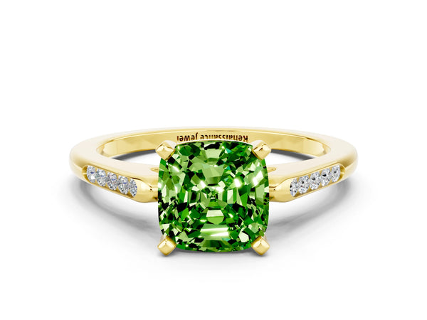 Yellow gold Cushion Cut Peridot Solitaire Ring with Channel Set Round  Band and Prong Setting