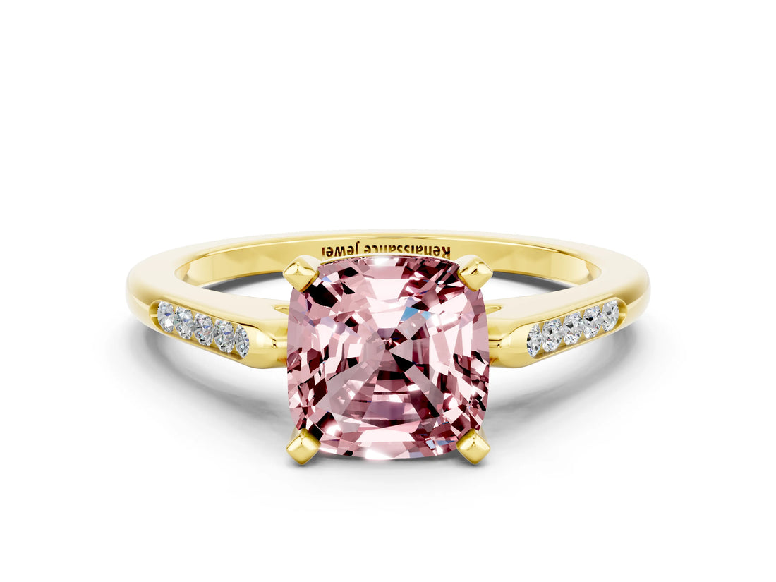 Yellow gold Cushion Cut Cut Channel Set Solitaire Engagement Ring with Four-Prong Setting