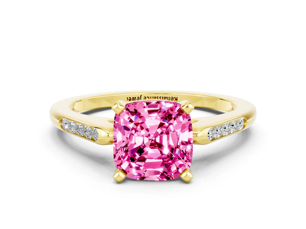Yellow gold Cushion Cut Pink Sapphire Solitaire Ring with Channel Set Round  Band and Prong Setting