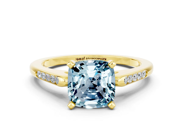 Yellow gold Cushion Cut Aquamarine Solitaire Ring with Channel Set Round  Band and Prong Setting