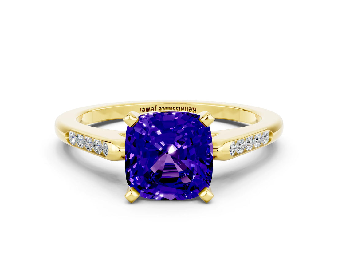 Yellow gold Cushion Cut Cut Channel Set Solitaire Engagement Ring with Four-Prong Setting