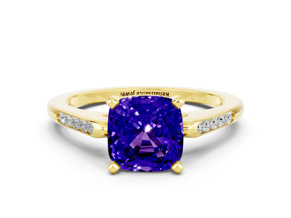 Yellow gold Cushion Cut Tanzanite Solitaire Ring with Channel Set Round  Band and Prong Setting