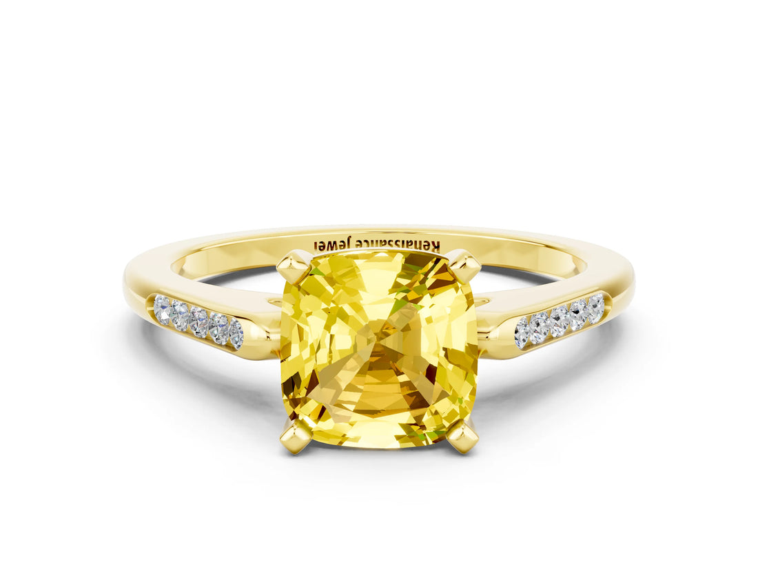 Yellow gold Cushion Cut Cut Channel Set Solitaire Engagement Ring with Four-Prong Setting