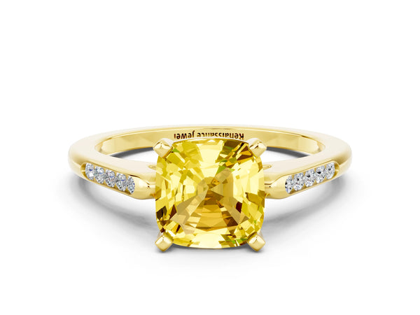 Yellow gold Cushion Cut Yellow Sapphire Solitaire Ring with Channel Set Round  Band and Prong Setting