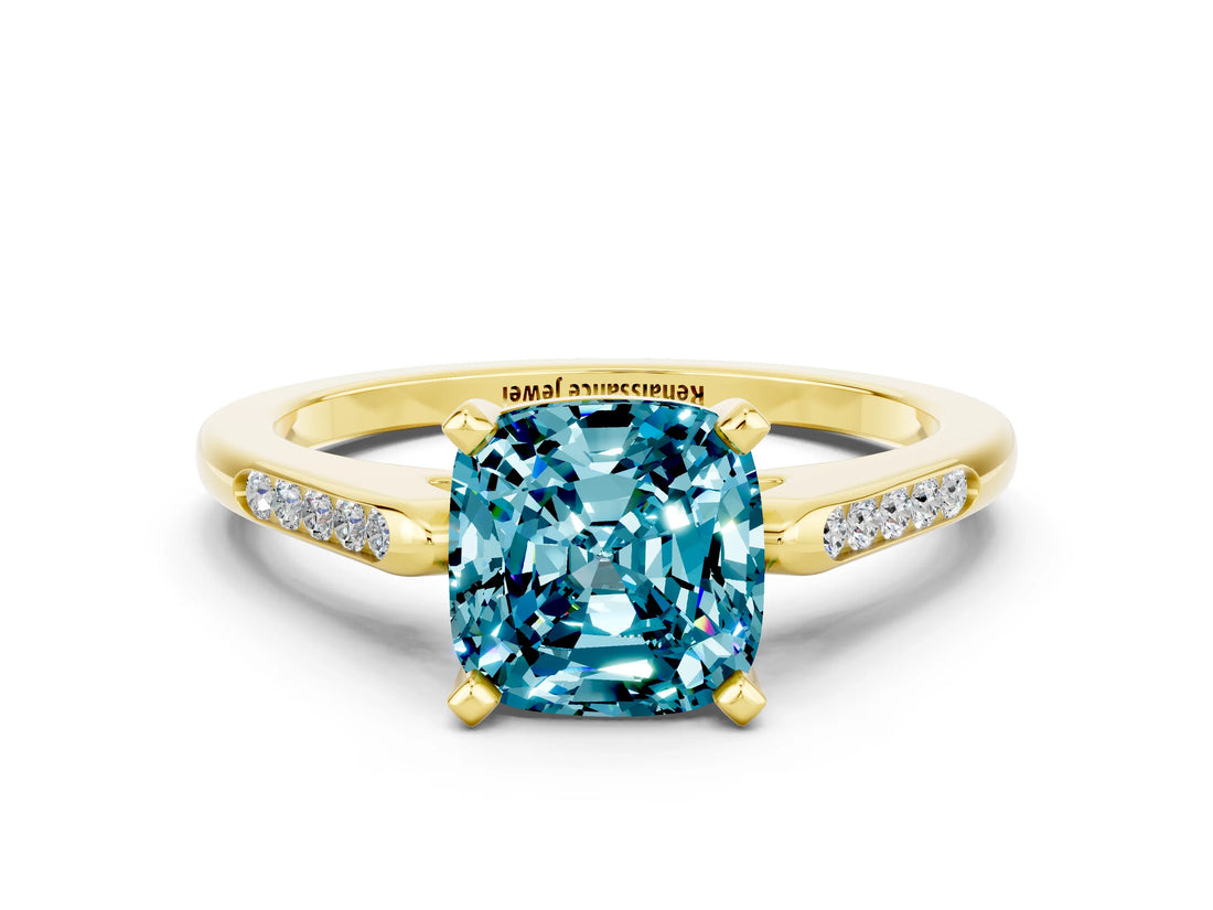 Yellow gold Cushion Cut Cut Channel Set Solitaire Engagement Ring with Four-Prong Setting