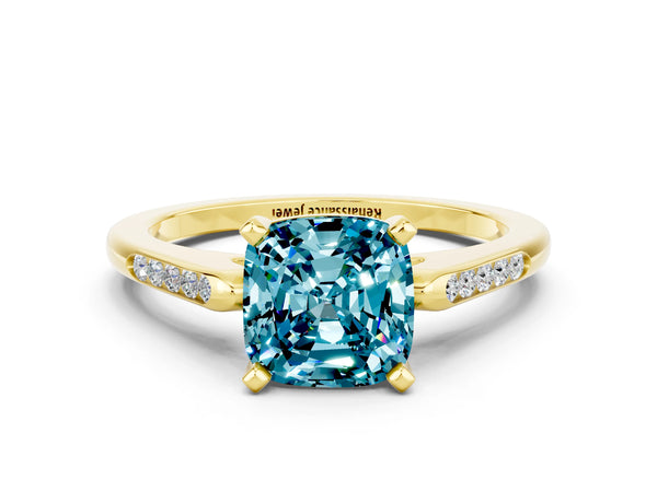Yellow gold Cushion Cut Blue Topaz Solitaire Ring with Channel Set Round  Band and Prong Setting