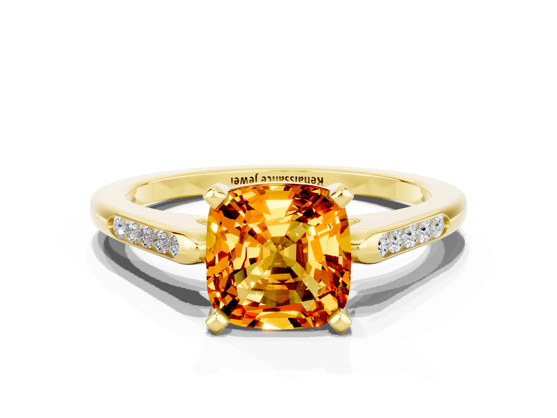 Yellow gold Cushion Cut Cut Channel Set Solitaire Engagement Ring with Four-Prong Setting