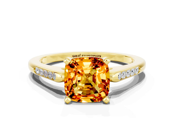 Yellow gold Cushion Cut Citrine Solitaire Ring with Channel Set Round  Band and Prong Setting