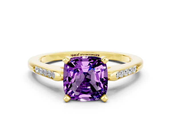 Yellow gold Cushion Cut Amethyst Solitaire Ring with Channel Set Round  Band and Prong Setting