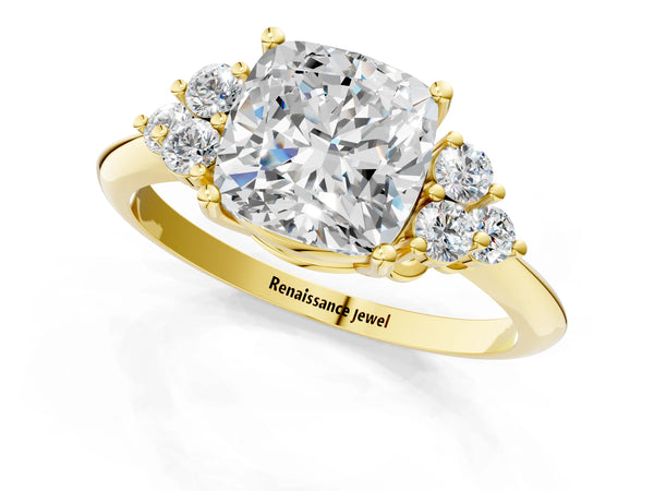 Yellow gold Cushion Cut Cut Diamond Cluster Ring with Solitaire Band and Four-Prong Setting