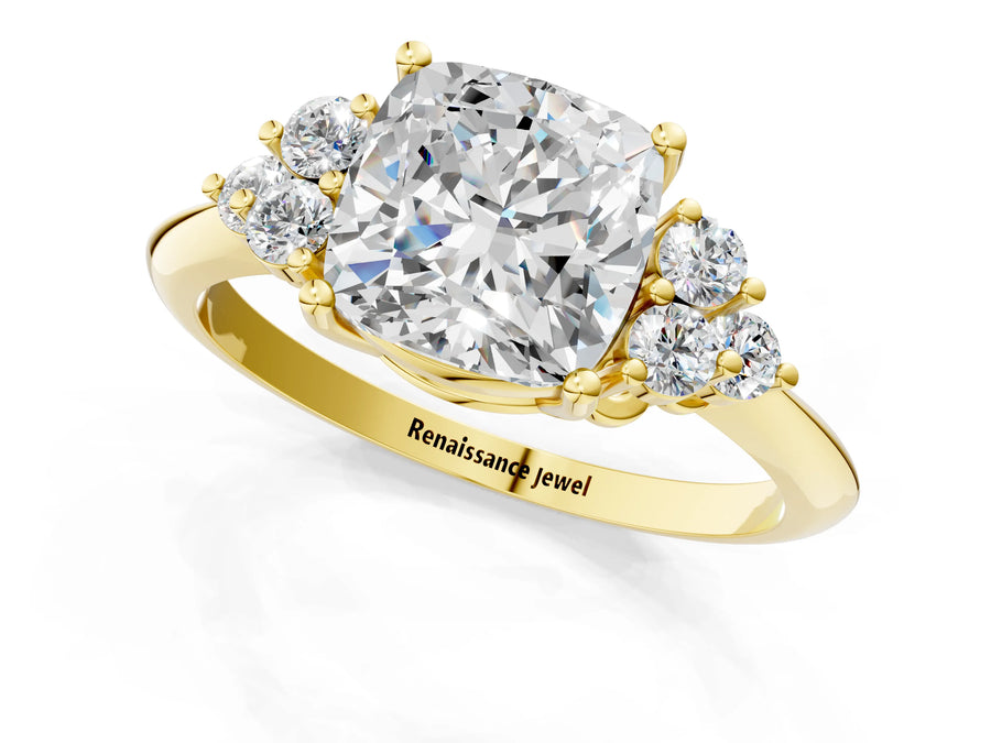 Yellow gold Cushion Cut Cut Diamond Cluster Ring with Solitaire Band and Four-Prong Setting