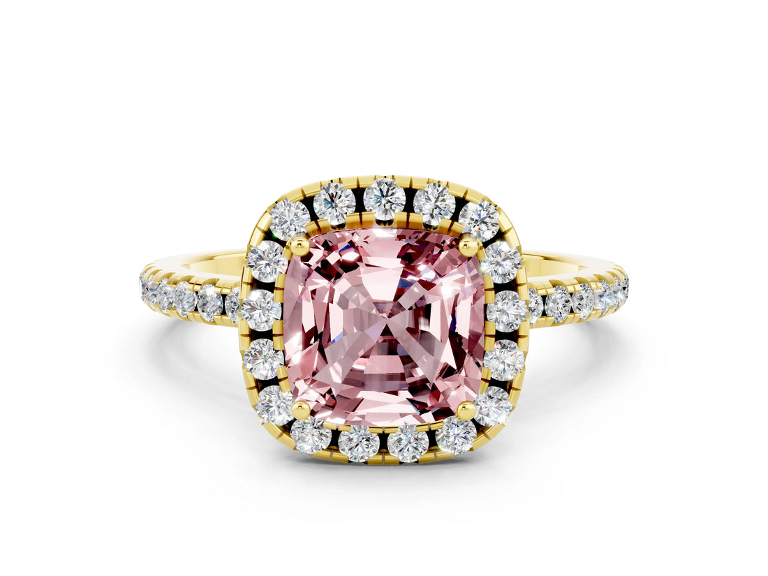 Yellow gold Cushion Cut Cut Diamond Floral Halo Engagement Ring with Pavé Band and Prong Setting