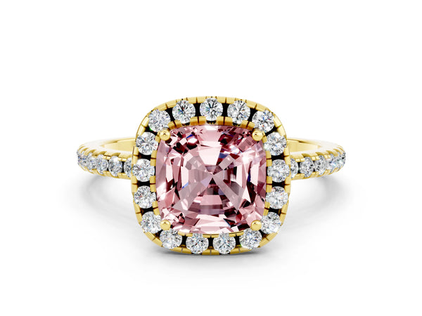 Yellow gold Cushion Cut Cut Diamond Floral Halo Engagement Ring with Pavé Band and Prong Setting