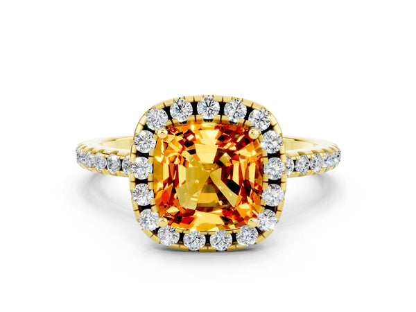 Yellow gold Cushion Cut Citrine Halo Engagement Ring with Round Pavé Band and Prong Setting