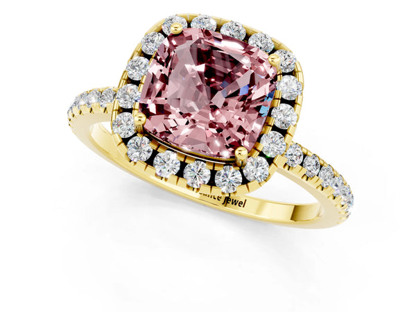 Yellow gold Cushion Cut Cut Diamond Floral Halo Engagement Ring with Pavé Band and Prong Setting