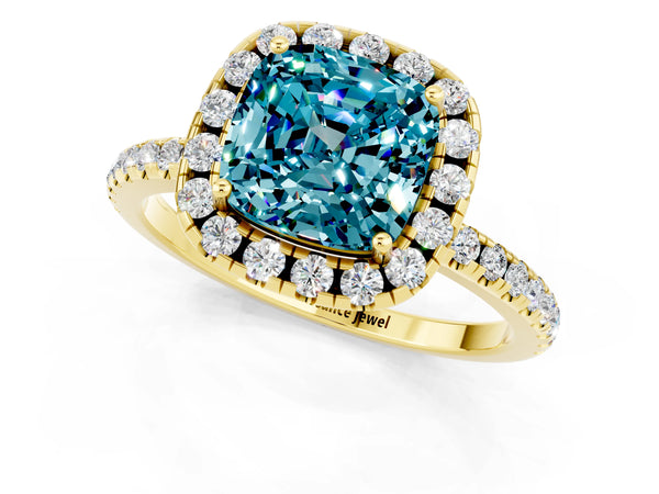 Yellow gold Cushion Cut Cut Diamond Floral Halo Engagement Ring with Pavé Band and Prong Setting