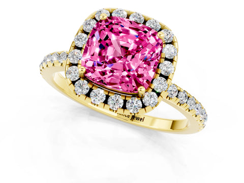 Yellow gold Cushion Cut Cut Diamond Floral Halo Engagement Ring with Pavé Band and Prong Setting_1