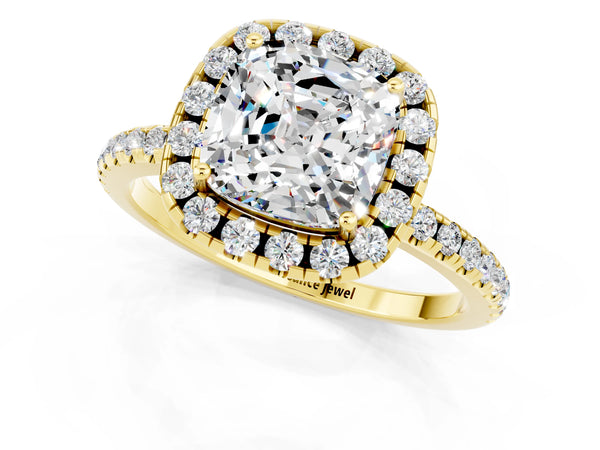 Yellow gold Cushion Cut Moissanite Halo Engagement Ring with Round Pavé Band and Prong Setting