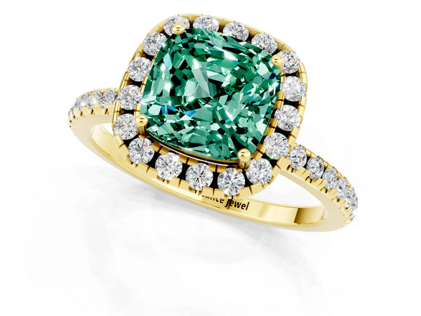 Yellow gold Cushion Cut Green Sapphire Halo Engagement Ring with Round Pavé Band and Prong Setting