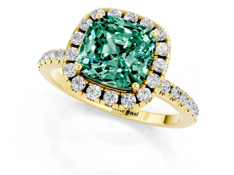 Yellow gold Cushion Cut Cut Diamond Floral Halo Engagement Ring with Pavé Band and Prong Setting_1