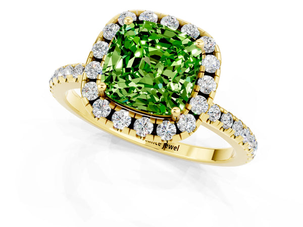 Yellow gold Cushion Cut Cut Diamond Floral Halo Engagement Ring with Pavé Band and Prong Setting