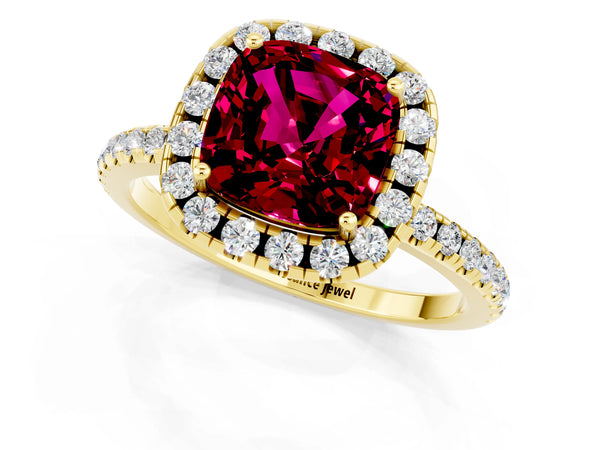 Yellow gold Cushion Cut Garnet Halo Engagement Ring with Round Pavé Band and Prong Setting