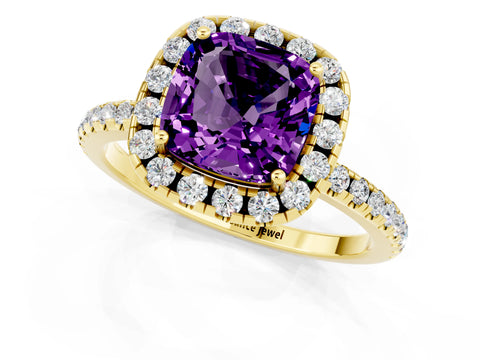 Yellow gold Cushion Cut Cut Diamond Floral Halo Engagement Ring with Pavé Band and Prong Setting_1