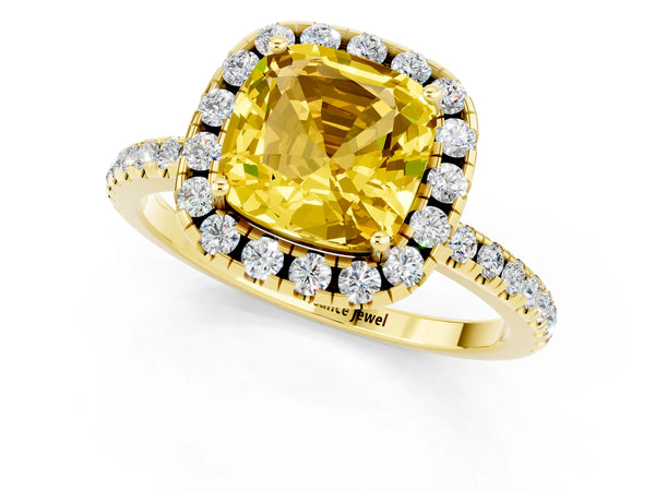 Yellow gold Cushion Cut Yellow Sapphire Halo Engagement Ring with Round Pavé Band and Prong Setting