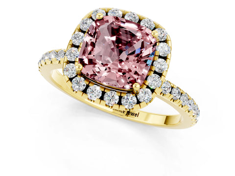 Yellow gold Cushion Cut Cut Diamond Floral Halo Engagement Ring with Pavé Band and Prong Setting_1