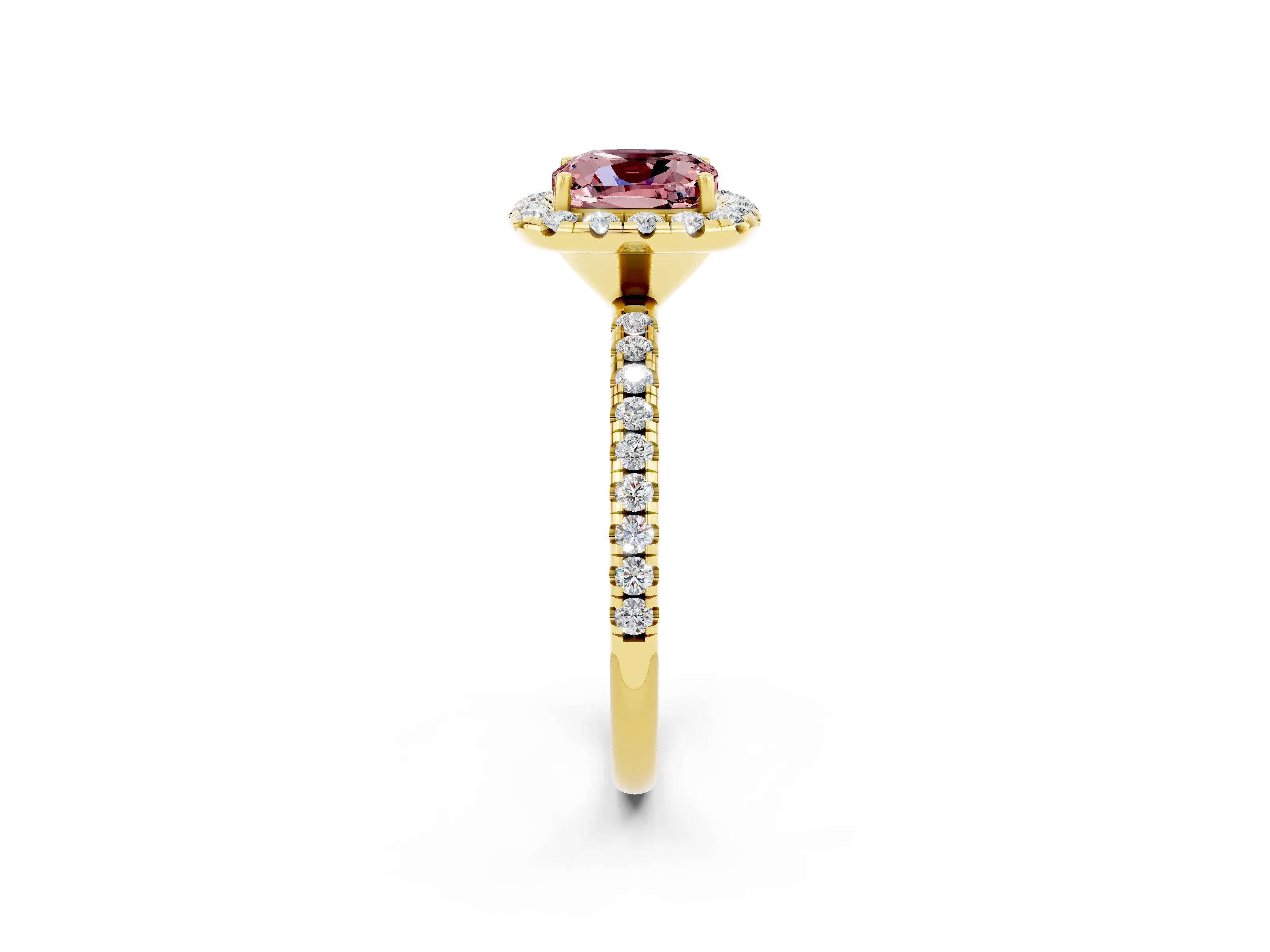 Yellow gold Cushion Cut Cut Diamond Floral Halo Engagement Ring with Pavé Band and Prong Setting_2