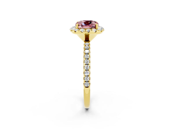 Yellow gold Cushion Cut Cut Diamond Floral Halo Engagement Ring with Pavé Band and Prong Setting