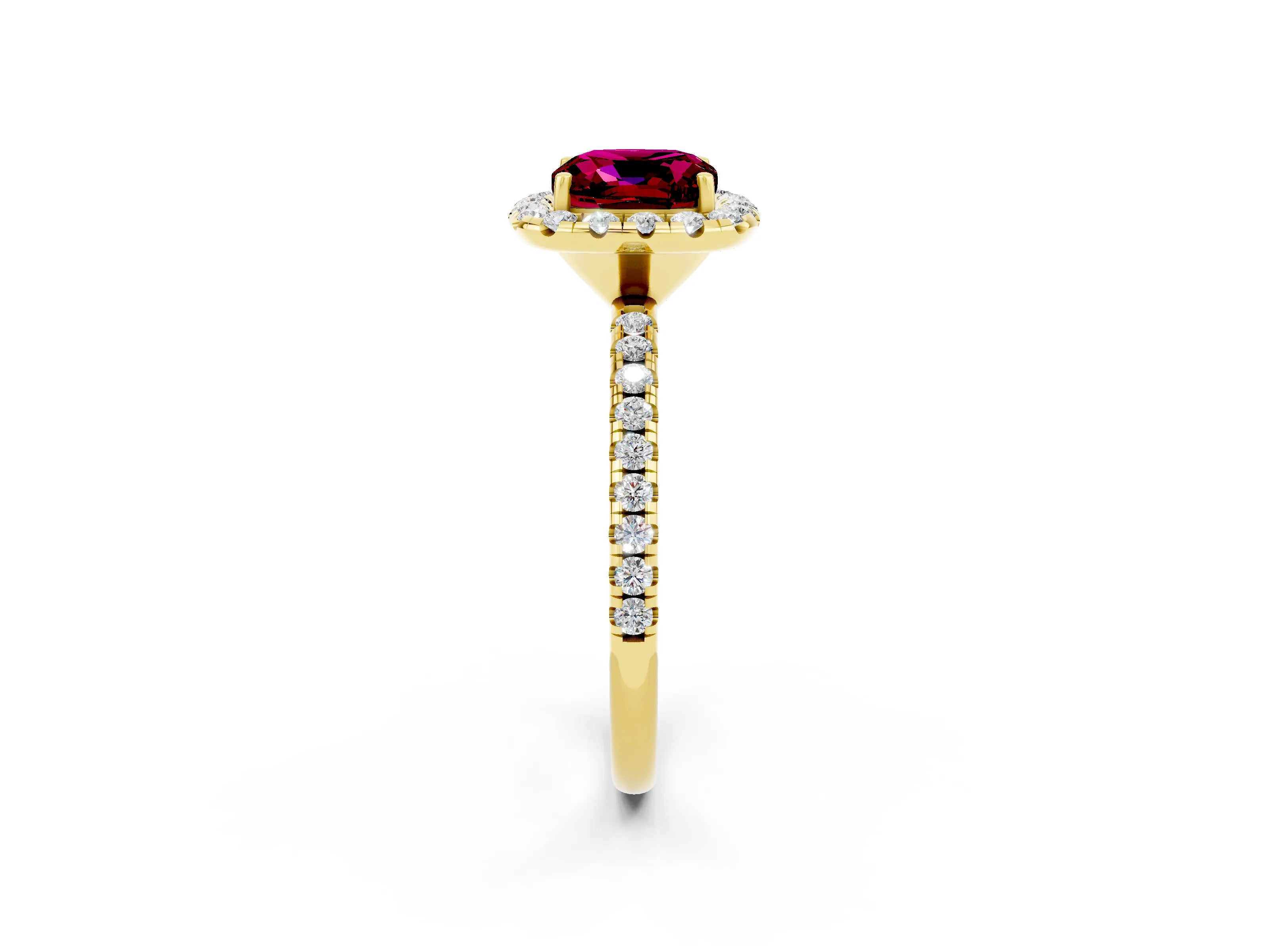 Yellow gold Cushion Cut Cut Diamond Floral Halo Engagement Ring with Pavé Band and Prong Setting_2