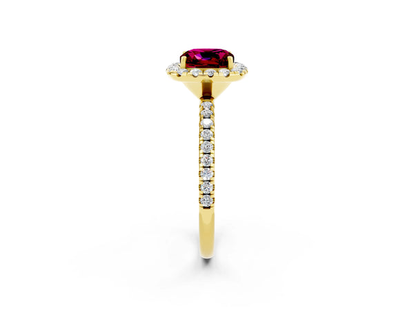 Yellow gold Cushion Cut Garnet Halo Engagement Ring with Round Pavé Band and Prong Setting