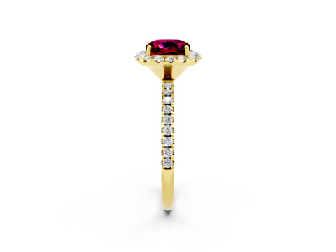Yellow gold Cushion Cut Cut Diamond Floral Halo Engagement Ring with Pavé Band and Prong Setting_2
