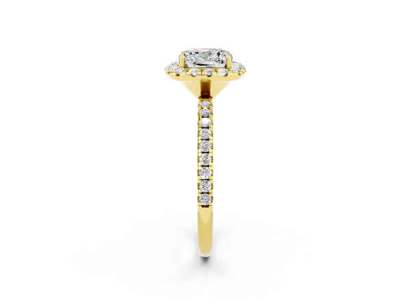 Yellow gold Cushion Cut Moissanite Halo Engagement Ring with Round Pavé Band and Prong Setting
