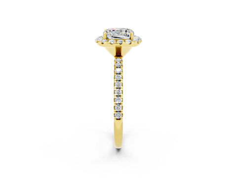 Yellow gold Cushion Cut Cut Diamond Floral Halo Engagement Ring with Pavé Band and Prong Setting_2