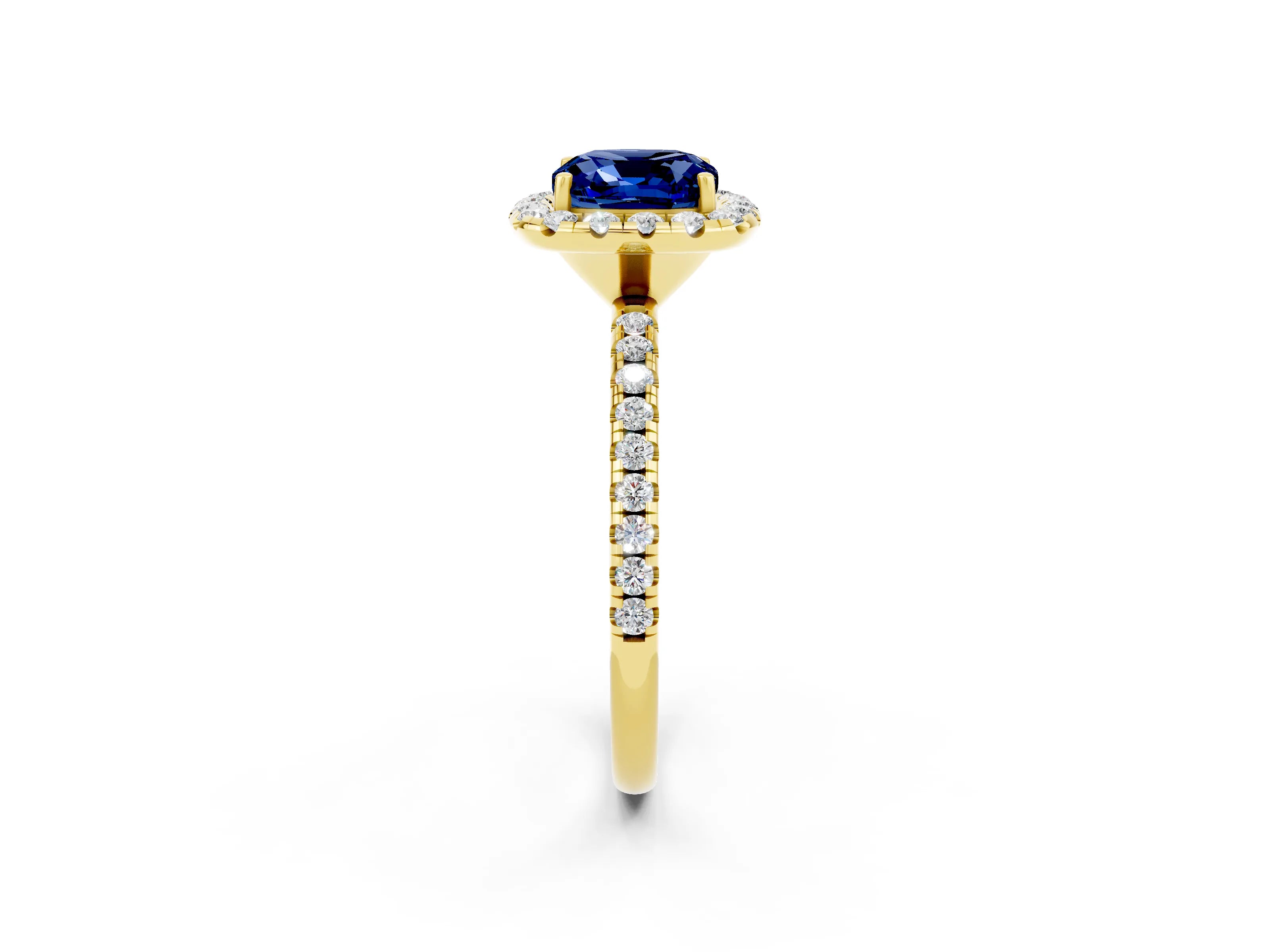 Yellow gold Cushion Cut Cut Diamond Floral Halo Engagement Ring with Pavé Band and Prong Setting_2