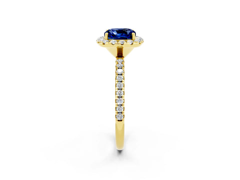Yellow gold Cushion Cut Cut Diamond Floral Halo Engagement Ring with Pavé Band and Prong Setting_2