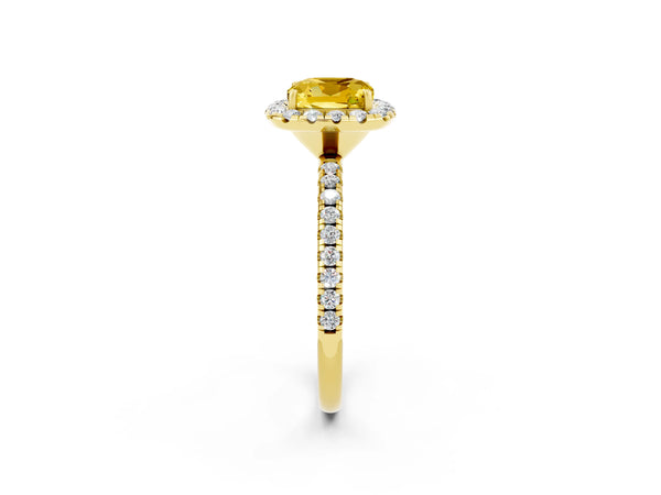 Yellow gold Cushion Cut Yellow Sapphire Halo Engagement Ring with Round Pavé Band and Prong Setting