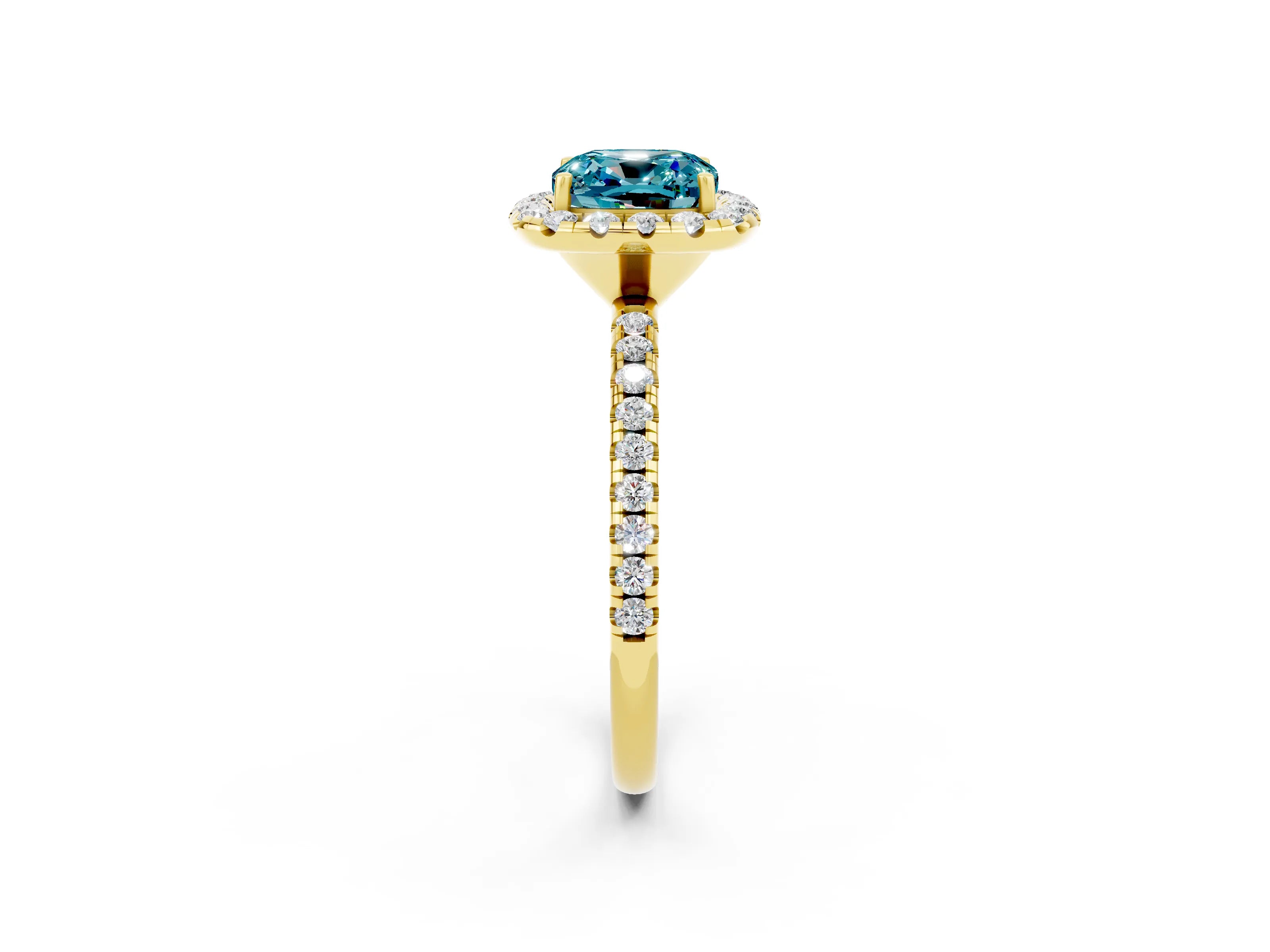 Yellow gold Cushion Cut Cut Diamond Floral Halo Engagement Ring with Pavé Band and Prong Setting_2