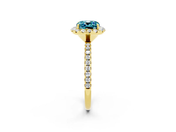 Yellow gold Cushion Cut Cut Diamond Floral Halo Engagement Ring with Pavé Band and Prong Setting